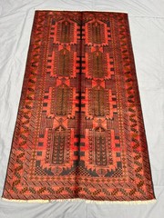3’6×6’3 ft Vintage Afghan Baluchi Hand-Knotted Rug, Red & Black Geometric Rug