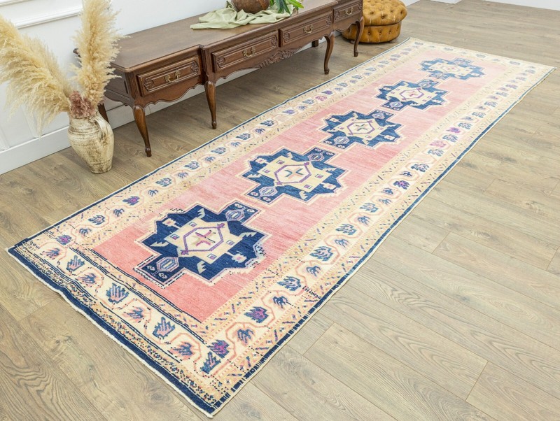 Vintage Turkish wide and long runner 4.3x12.5 ft Hand-knotted Oushak Area Rug gallery