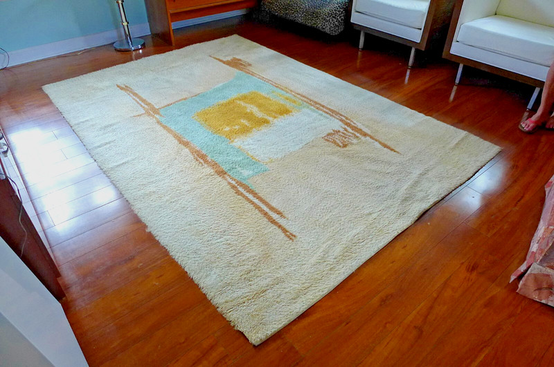 Danish Abstract Rya Rug Vintage Hand Knotted Wool Rug 8.5 x 6 ft Ege Blue Yellow gallery