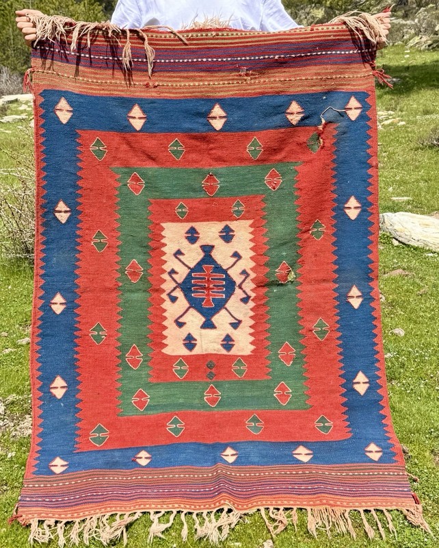 Rare Primitive Style Balıkesir Folk Kilim Rug from Turkey (170 cm x 130 cm) gallery