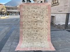 Vintage Oushak Rug 5×8 Turkish Handmade Wool Rug Pink Distressed Area Rug