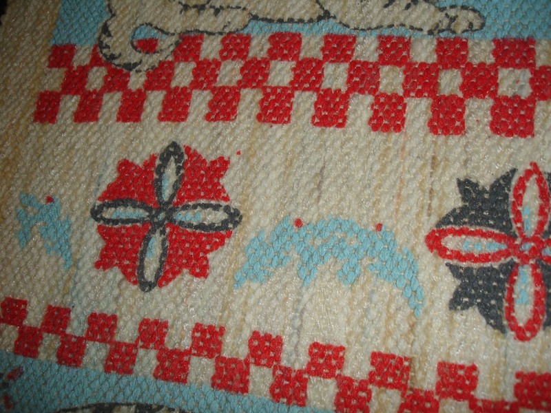 Vintage Hand Woven Cat Rug 22x30 Black & White Cats w/Red White Blue Background gallery