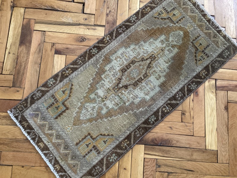 Vintage Turkish Wool Bath Rug 1.4 x 3.1 Ft Brown Handwoven Oriental Small Carpet gallery