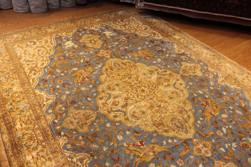 Handmade knotted Oriental Rug Pictorial 8' x 12' Wool area rug Blue, gold Heriz gallery
