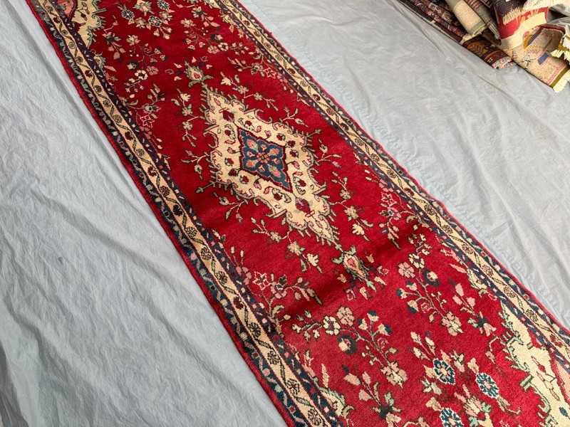 3x9 Vintage Turkish Hand Knotted Runner Rug, Red Floral Nomadic Kitchen Rug gallery