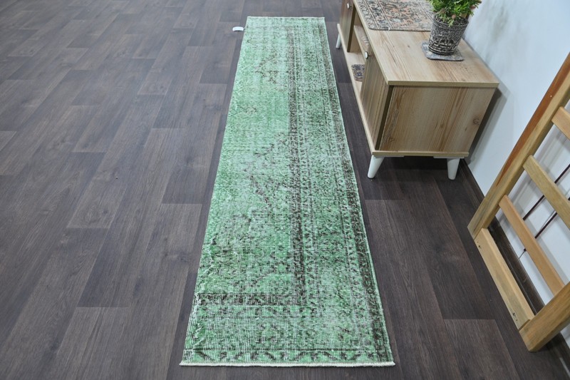Vintage Turkish Runner Rug 2x9ft GREEN Handmade Anatolian Oushak Hallway Wool gallery