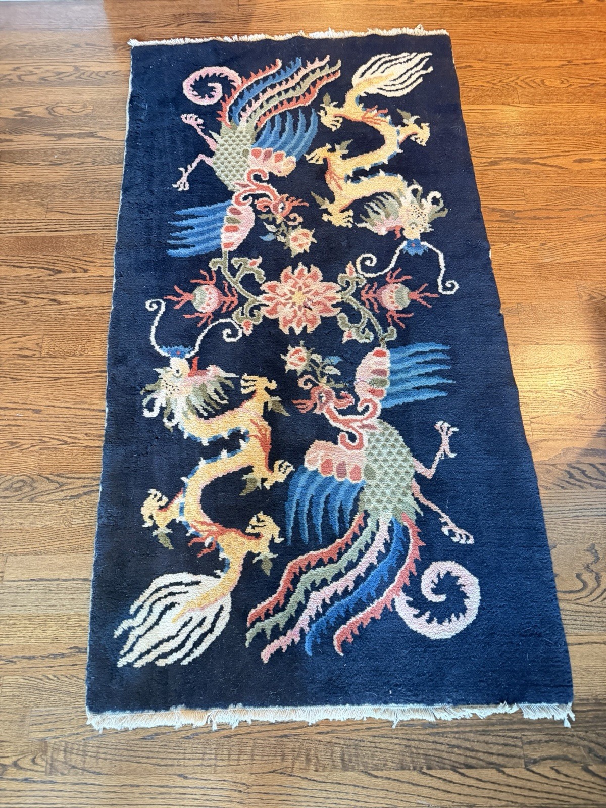 Beautiful Antique Hand Knotted Tibetan Wool Rug Dragon & Phoenix Design gallery