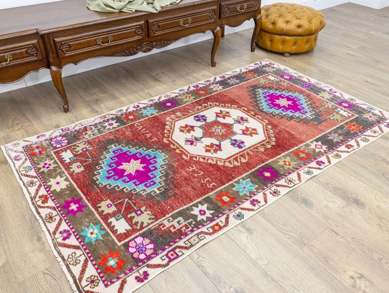Vibrant Vintage Boho Chic Turkish Rug-Oushak Handmade Tribal Carpet-3.11x6.11 ft gallery