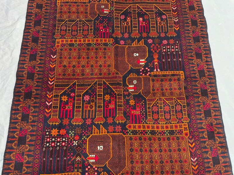 4x6'6 ft Vintage Afghan Hand Knotted Pictorial Rug Tribal Animal Hunting Art Rug gallery
