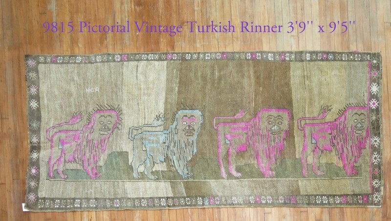 Vintage Kurdish Kars Pictorial Lion Gallery Rug Size 3'9''X9'5'' gallery