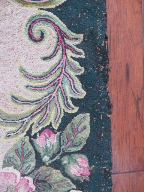 Old Antique FLORAL HOOKED WOOL RUG Aubusson Style Design Pink Flowers 67 x 36 gallery