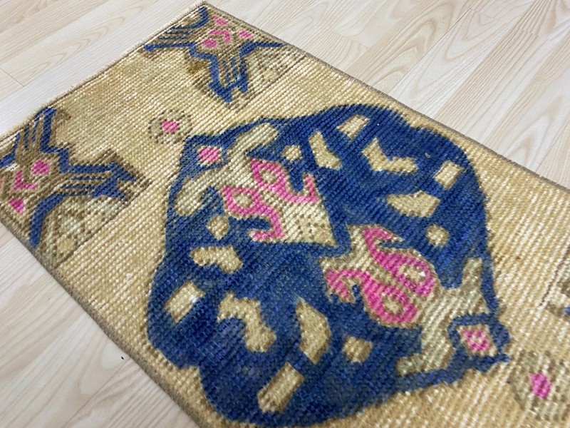 Antique Turkish Rug 1.3x2.8 ft Vintage Beige Blue Pink Small Mat Wool Boho Rug gallery