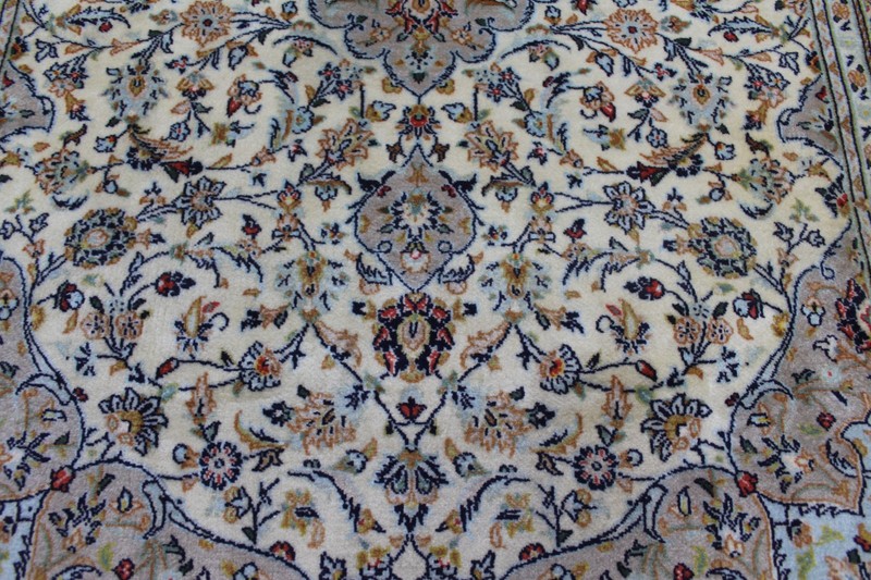 Fine Keshan Rug 218x145cm Hand Knotted Kurk Wool Signed Ivory Floral Medallion gallery