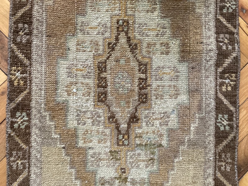 Vintage Turkish Wool Bath Rug 1.4 x 3.1 Ft Brown Handwoven Oriental Small Carpet gallery