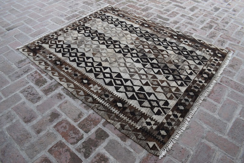 Handwoven Afghan Tribal Wool Kilim Area Rug Striped Geometric Brown Earthy Tones gallery