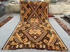 Vintage Afghan Kilim Rug, Geometric Tribal Design, 7’3 x 13 ft, Rare Wool Rug