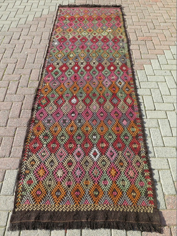 Multicolor Vintage Runner Kilim Wide Large Rug, Turkish Handwoven Kelim 42"x126" gallery