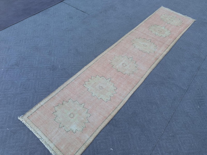 Vintage Turkish Oushak Runner 2x10 ft Hand Knotted Wool Red Cream Charcoal Boho gallery