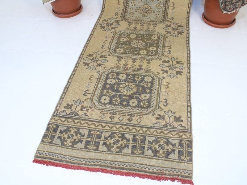 3x11 Ft Beige Runner Rug, Handmade Runner, Vintage Muted Hallway Rug, 2.7x10.8 gallery