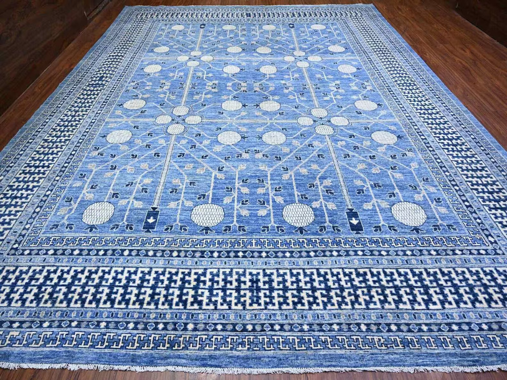 12'x15'4" Dodgers Blue Washed Out Khotan and Samarkand Inspired Angora Pile Rug