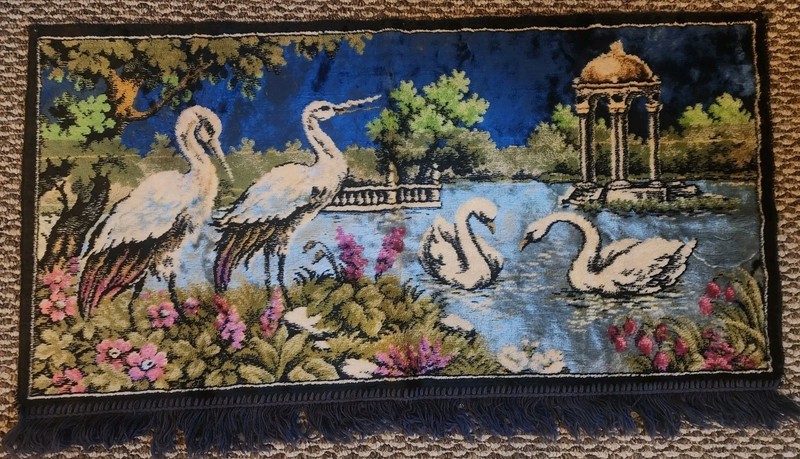 Vintage Tapestry Velvet Rug with Swans and Cranes 37"×21" gallery