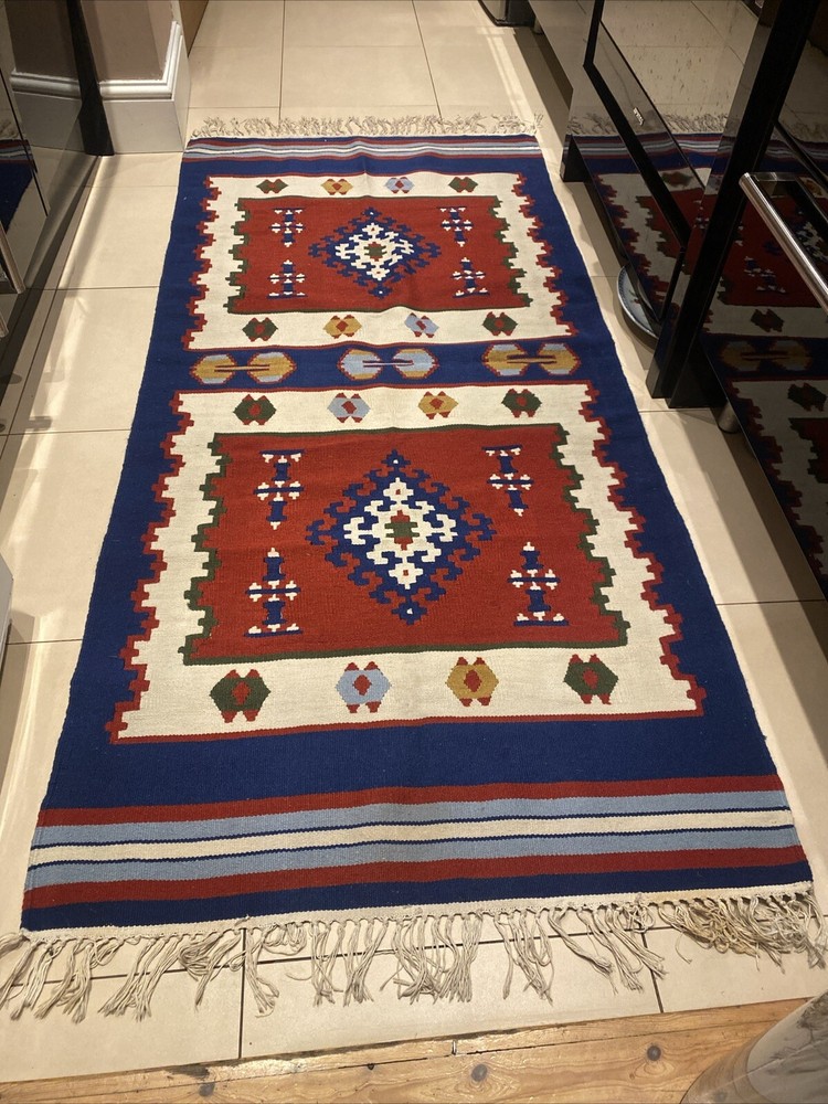 Turkish Kilim Rug Authentic Flat weave Wool Vintage Blue Red 93 Cm x 201 Cm