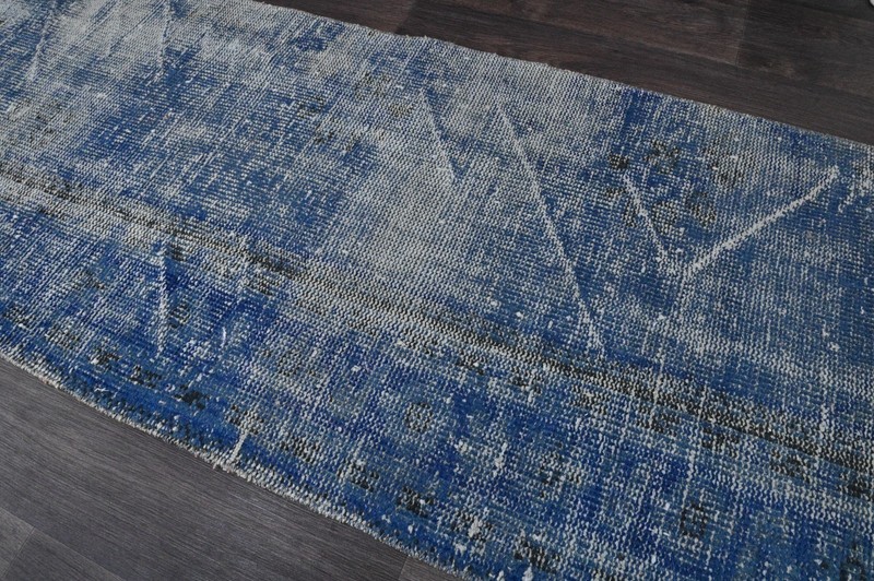 Vintage Turkish Runner Rug 2x7ft BLUE Handmade Anatolian Oushak Hallway Wool gallery