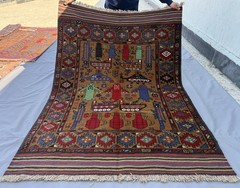 Antique Pictorial Afghan War Rug 4×6 Brown Hand Knotted Persian Style Tribal Rug