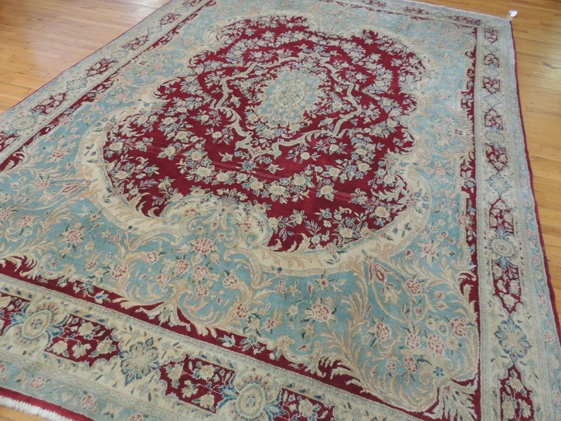 9x12 Antique Kermaan wool Oriental Rug Ivory Blue Red Medallion WOW! gallery