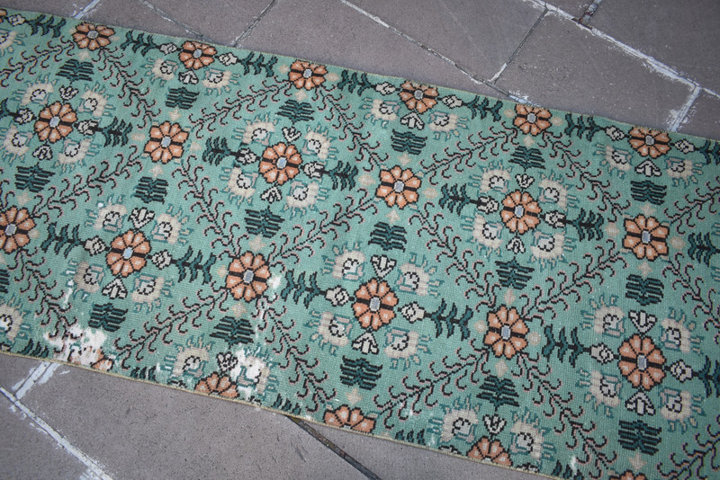 Turkish Rug 33'' x 80'' Vintage Hand-knotted Oushak Rug Low Pile Runner Wool Rug gallery