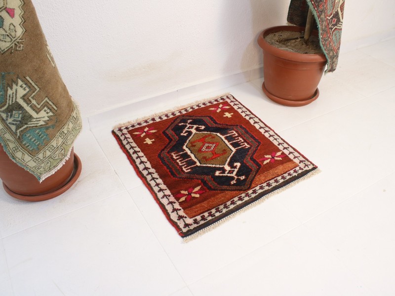 2x2 Turkish Handmade Door Mat Red Black Square Tribal 2.1x2.1 ft gallery