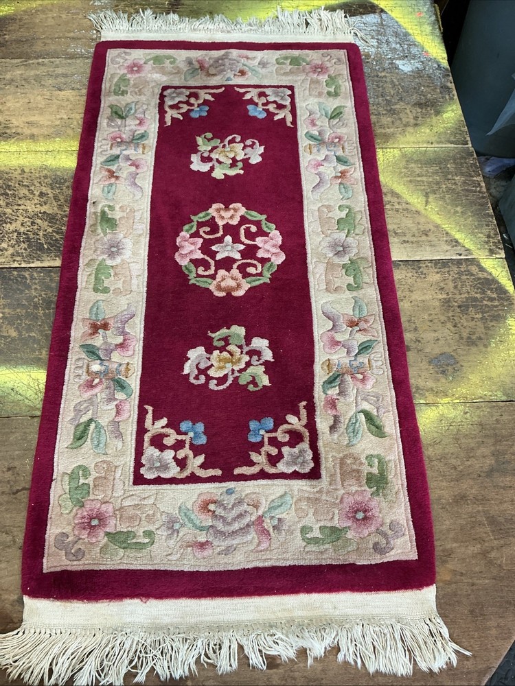 Vtg Hand-Tufted 100%Wool Runner Rug 48” x 24”Floral Accent ,Pink, Used