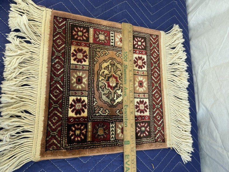 Vintage Miniature Oriental Style Medallion Rug Mat Fringe Red Cream 11" x 12" gallery