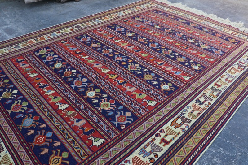 Afghan Hand Woven Tribal Sumak Pictorial Kilim Rug 9'5 x 6'6 Ft gallery