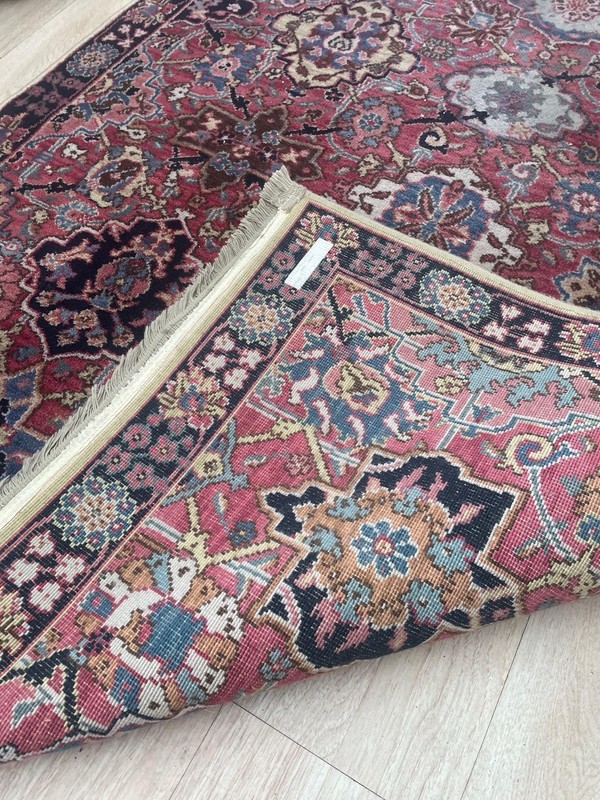 Vintage Karatan Geometric Rug 4x6 Rose Red Allover Star Medallion Navy Blue Wool gallery