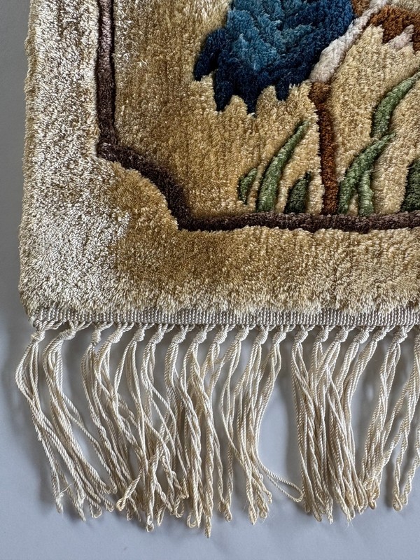 Vintage Pine & Crane Chinese small Silk Rug/Wall Hanging, birds & trees, no tags gallery