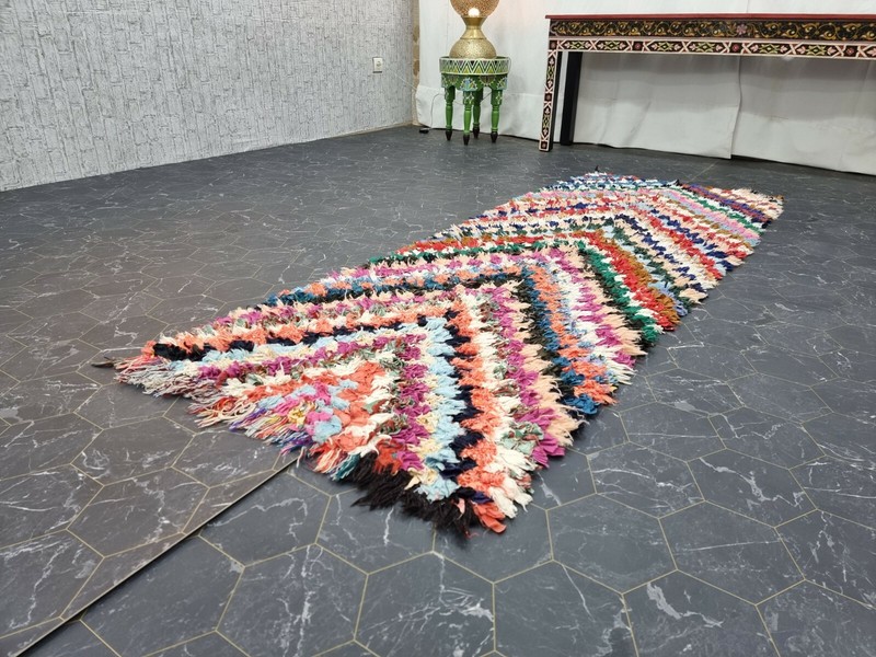 Moroccan Handmade Boucherouite Rug 2'4"x7' Berber Checkered Multicolor Carpet gallery