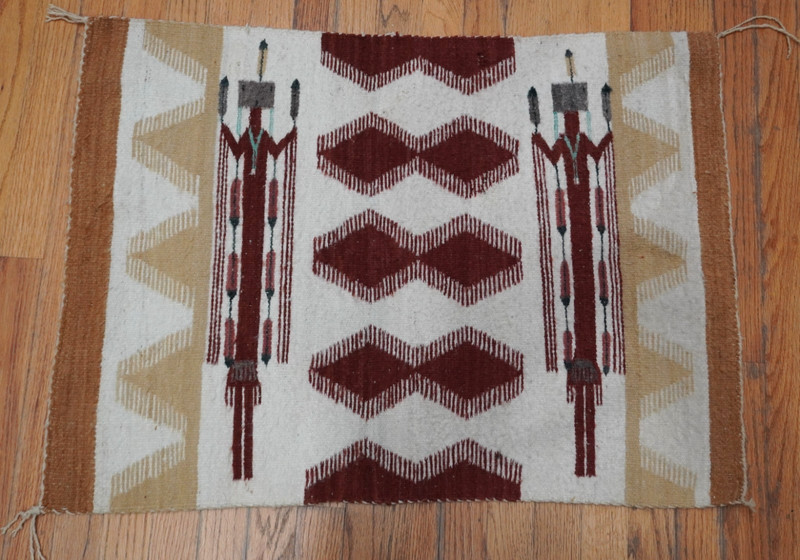 Vintage Navajo Hand Woven Yei Two Ladies Wool Rug 2'10" x 2'1" gallery
