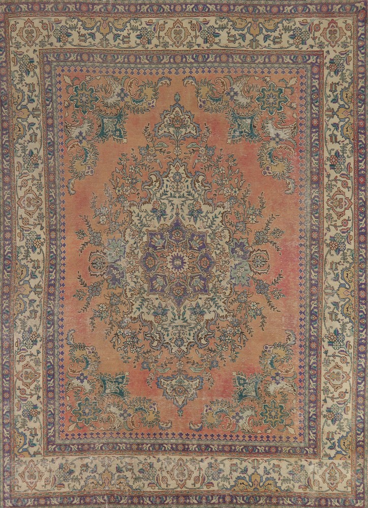 Vintage Vegetable Dye Tebriz Traditional Rug 9x12 Handmade Dining Room Carpet