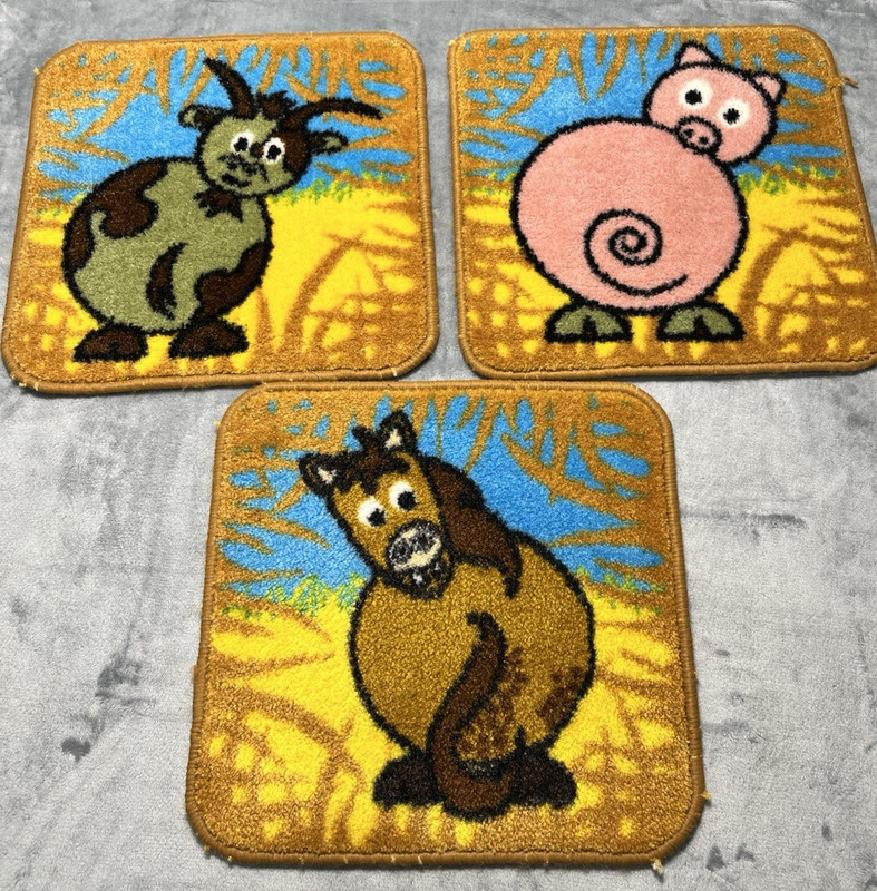 Vintage Retro Cartoon Animal Rugs Set of 7 Fox Duck Pig Bunny Horse Cow Chicken gallery