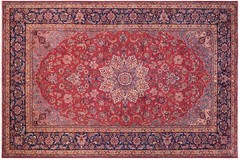 Elegant Hand-Knotted Wool Area Rug – Ruby Red & Navy Medallion (9’8″ x 13’2″)