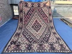 Vintage Afghan Kilim Rug, 7×10 Turkish Faded Geometric Tribal Bedroom Area Rug