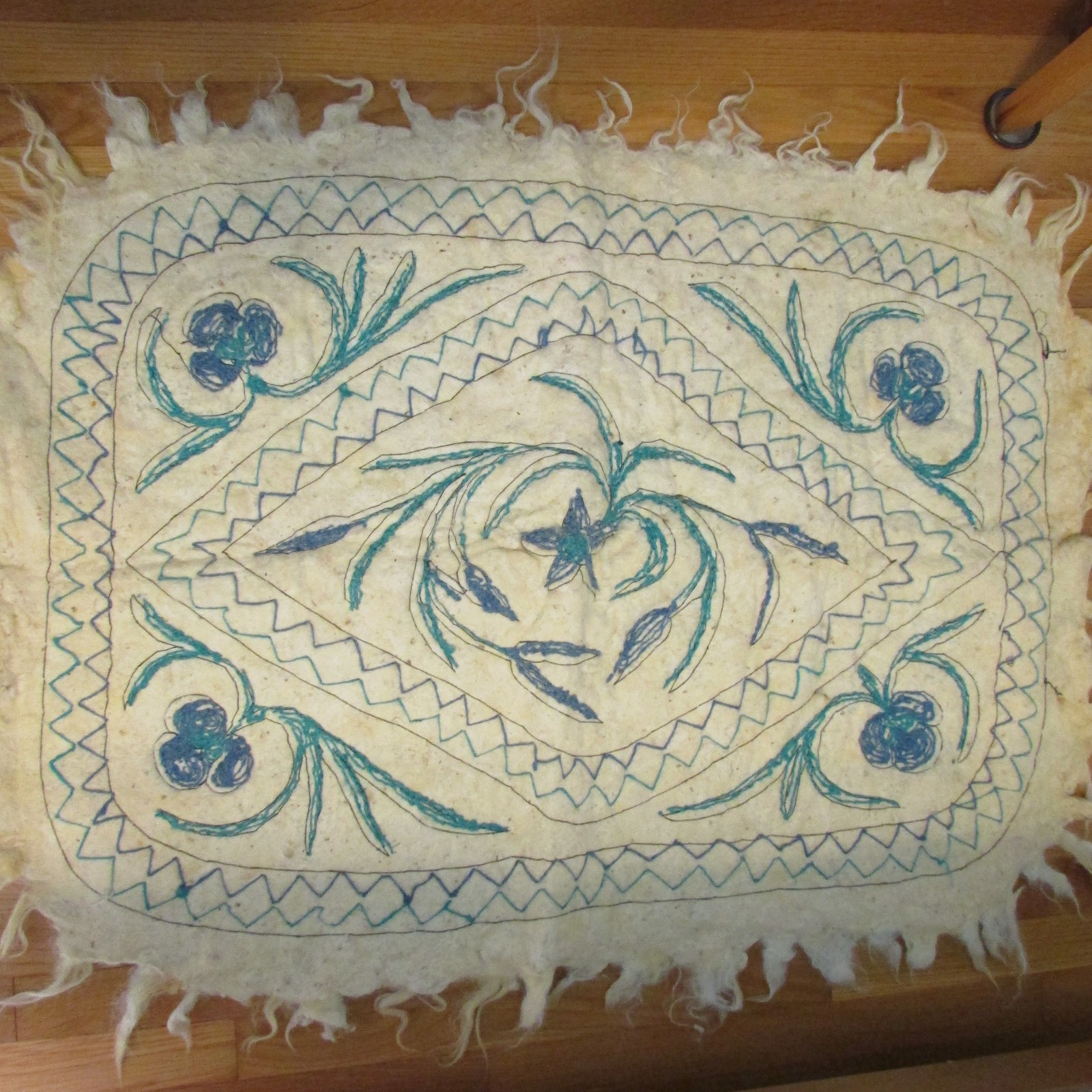 Vintage Kashmiri embroidered wool felt Namda rug blue & white 42"x32" rectangle gallery