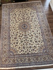 Handmade Vintage Ivory & Blue Classic Oriental Rug,Floral Medallion Design,11×16