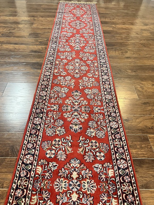 Runner Rug 2.7 x 16 Vintage Sarouk Hallway Carpet Wool Handmade Red Black Floral gallery
