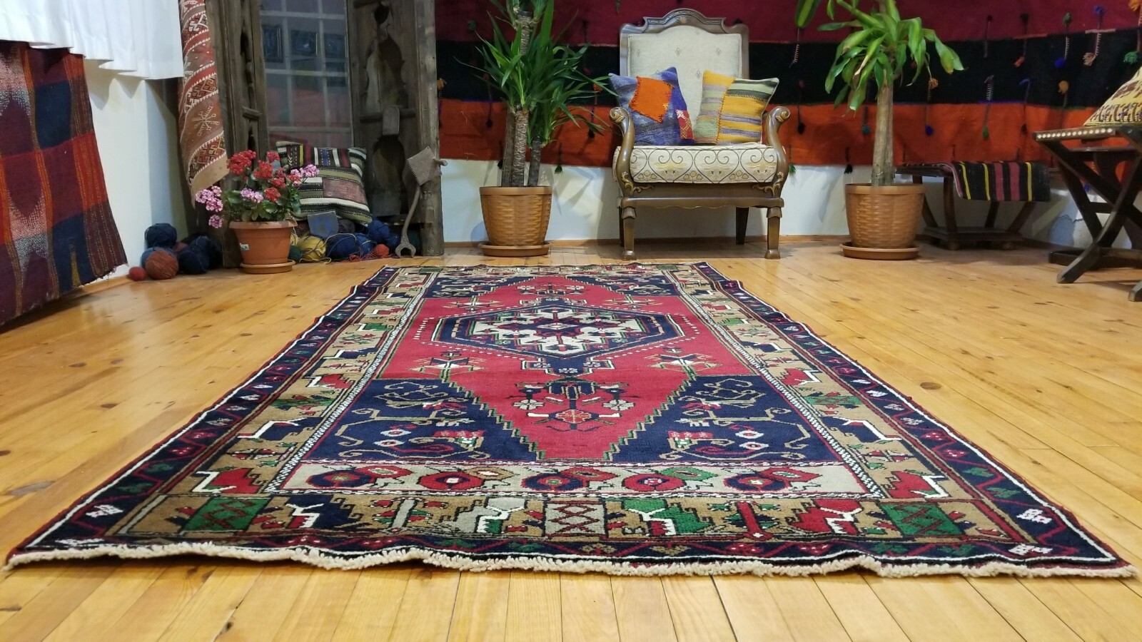 Genuine Antique 1900-1939s Indigo Dyes Wool Pile Tribal Area Rug 4’x 8’2” gallery