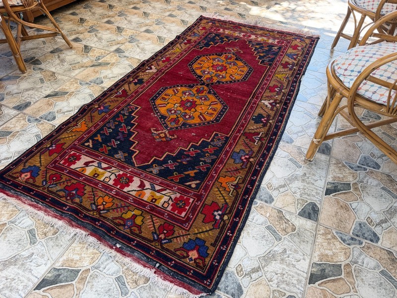 Distressed Vintage Turkish Rug 4x8 ft Hand-Knotted Wool Red Runner Carpet 1980s gallery