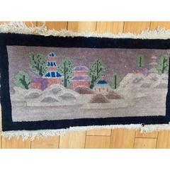 Vintage 1930s At Deco Asian Wool Rug Black, Tan, Pagoda, China
