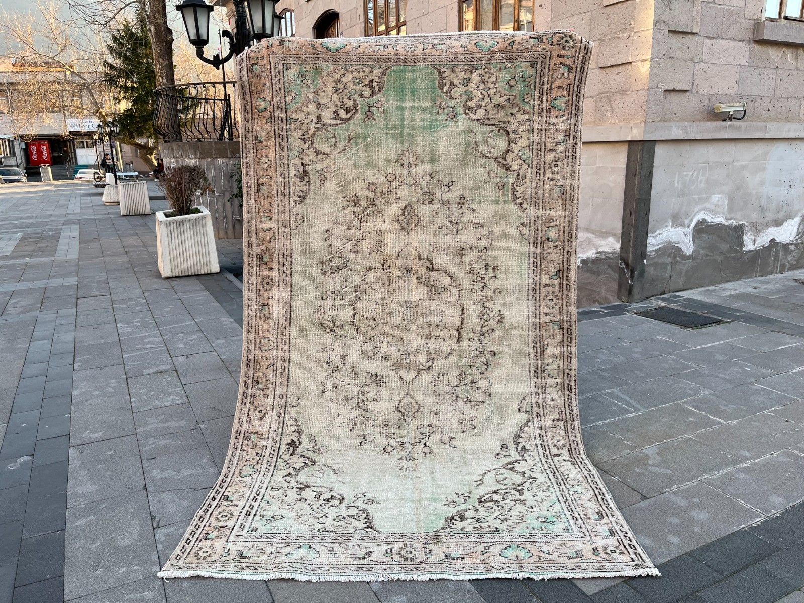 5.4x9.3 ft Vintage Turkish Oushak Rug Mint Green Medallion Hand-Knotted Wool gallery