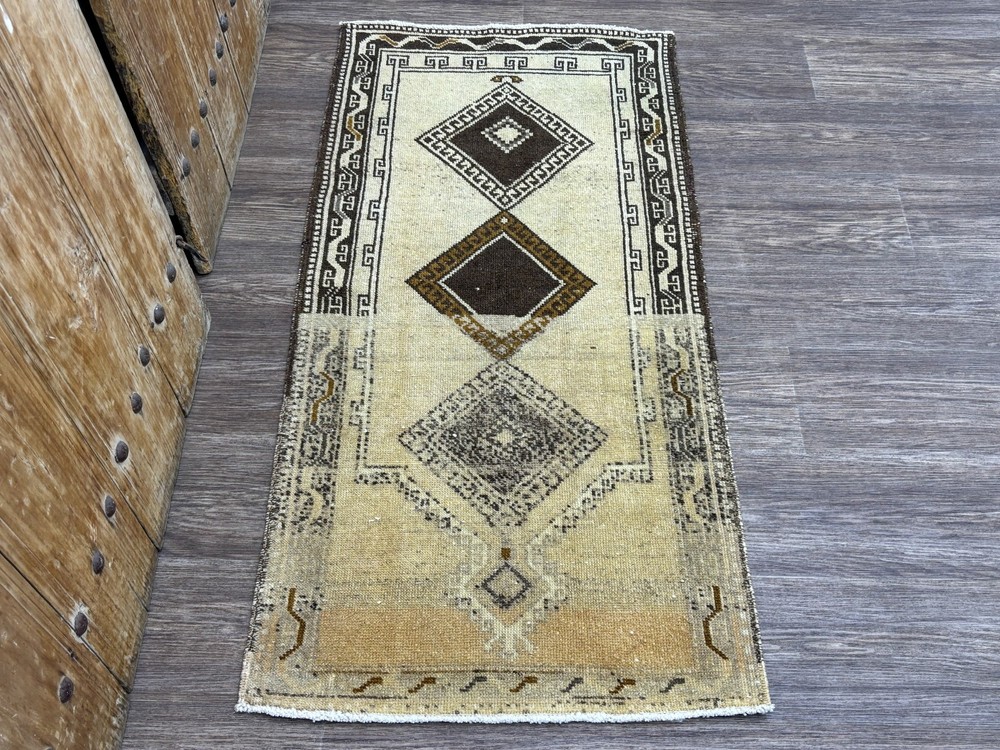 2x5 Beige Brown Vintage Medallion Small Turkish Runner, Hand-Knotted Wool Rug
